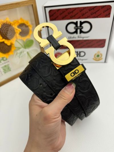 1:1 Ferragamo  Black Leather Belt Logo Veins with Gold  Logo buckle  3.5cm